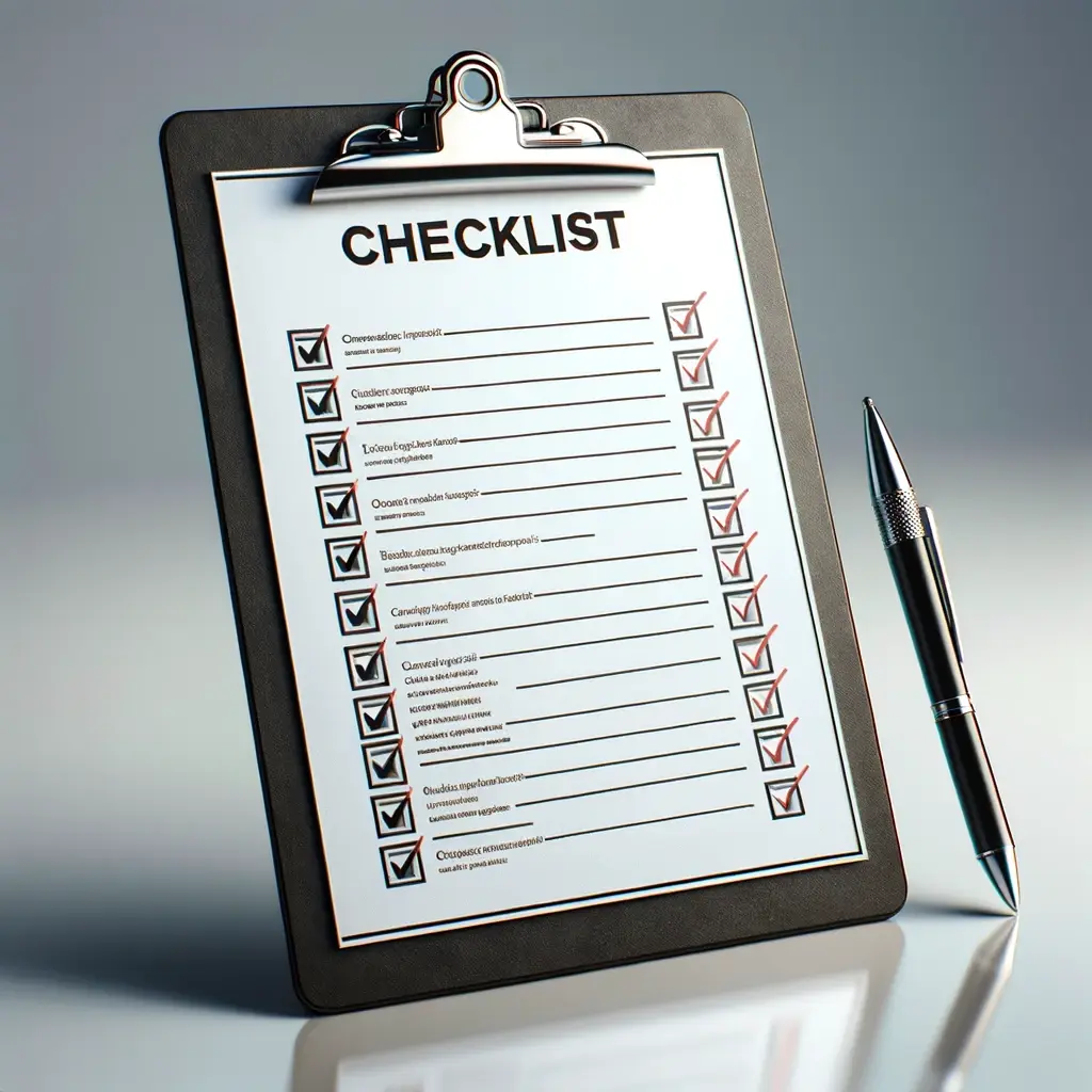 DALL·E 2024-05-30 08.01.53 - A clipboard with a pen attached, displaying a checklist with several items ticked off. The clipboard is placed on a clean, professional desk. The chec