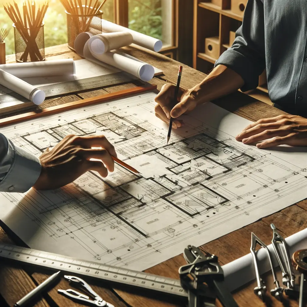 DALL·E 2024-05-30 08.07.42 - A scene showing a blueprint being corrected. The setting is a design studio or an architects office. One person is holding a blueprint spread out on 