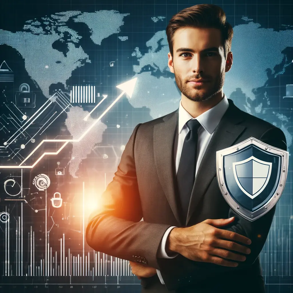 DALL·E 2024-06-04 07.55.03 - A professional and modern image representing cybersecurity and business growth. The image should include a confident businessperson in a suit standing