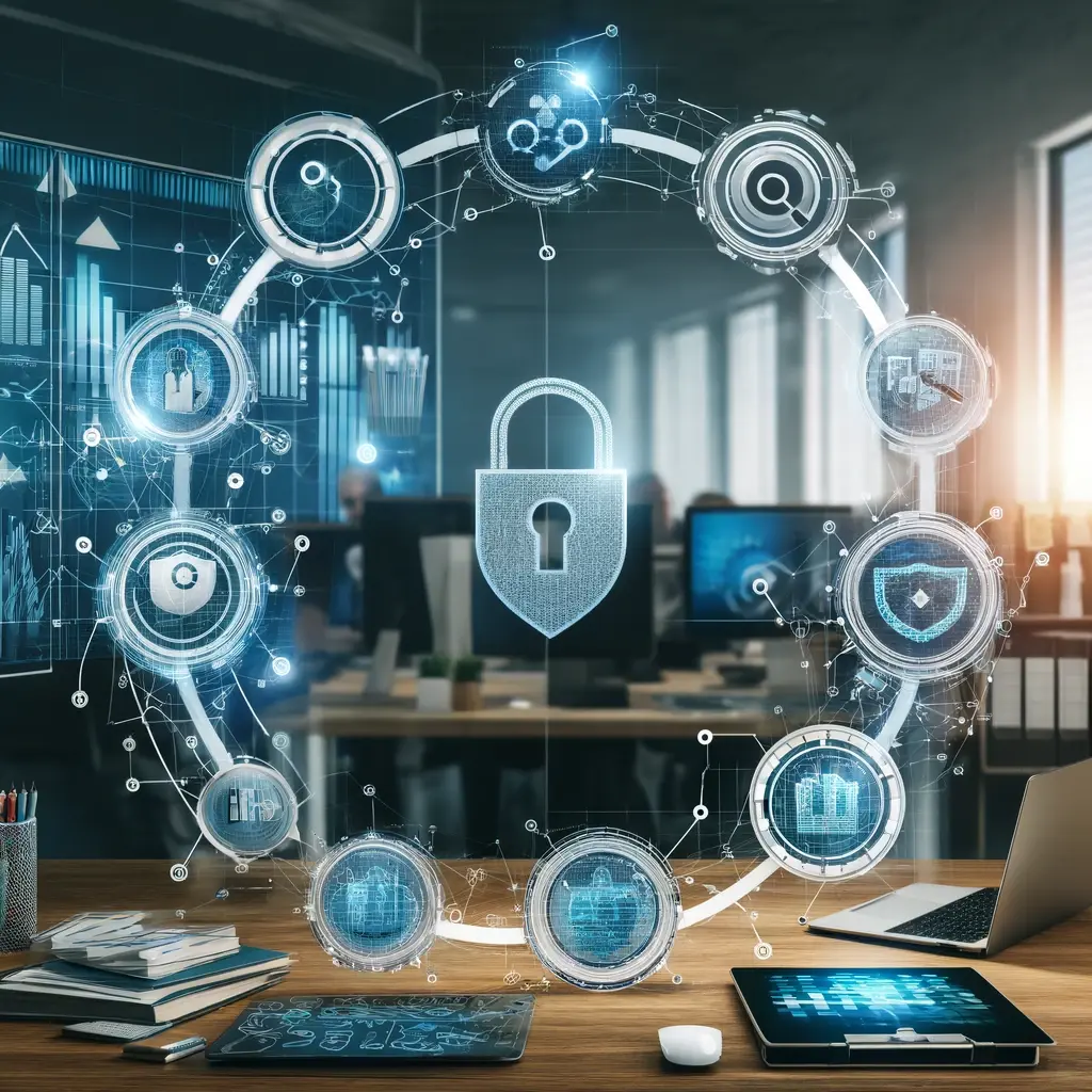 DALL·E 2024-06-04 08.08.34 - A visual representation of continuous improvement in security. The image should feature a professional setting with elements like a flowchart or cycle